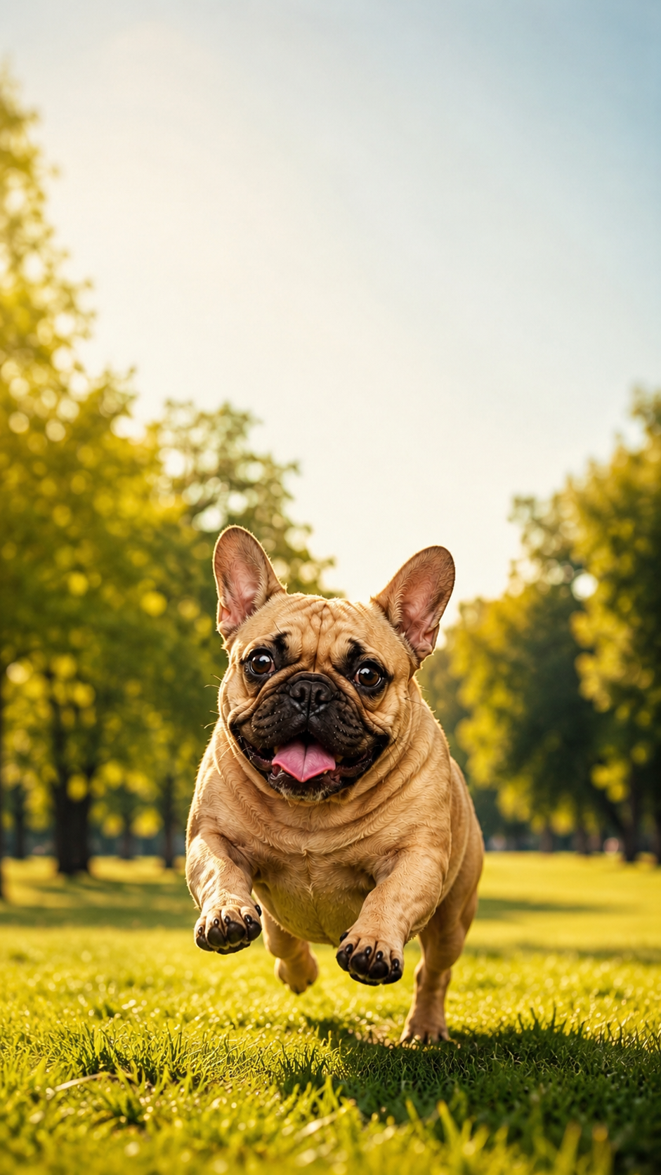 Albert the French Bulldog mid-stride, running across a sunlit park