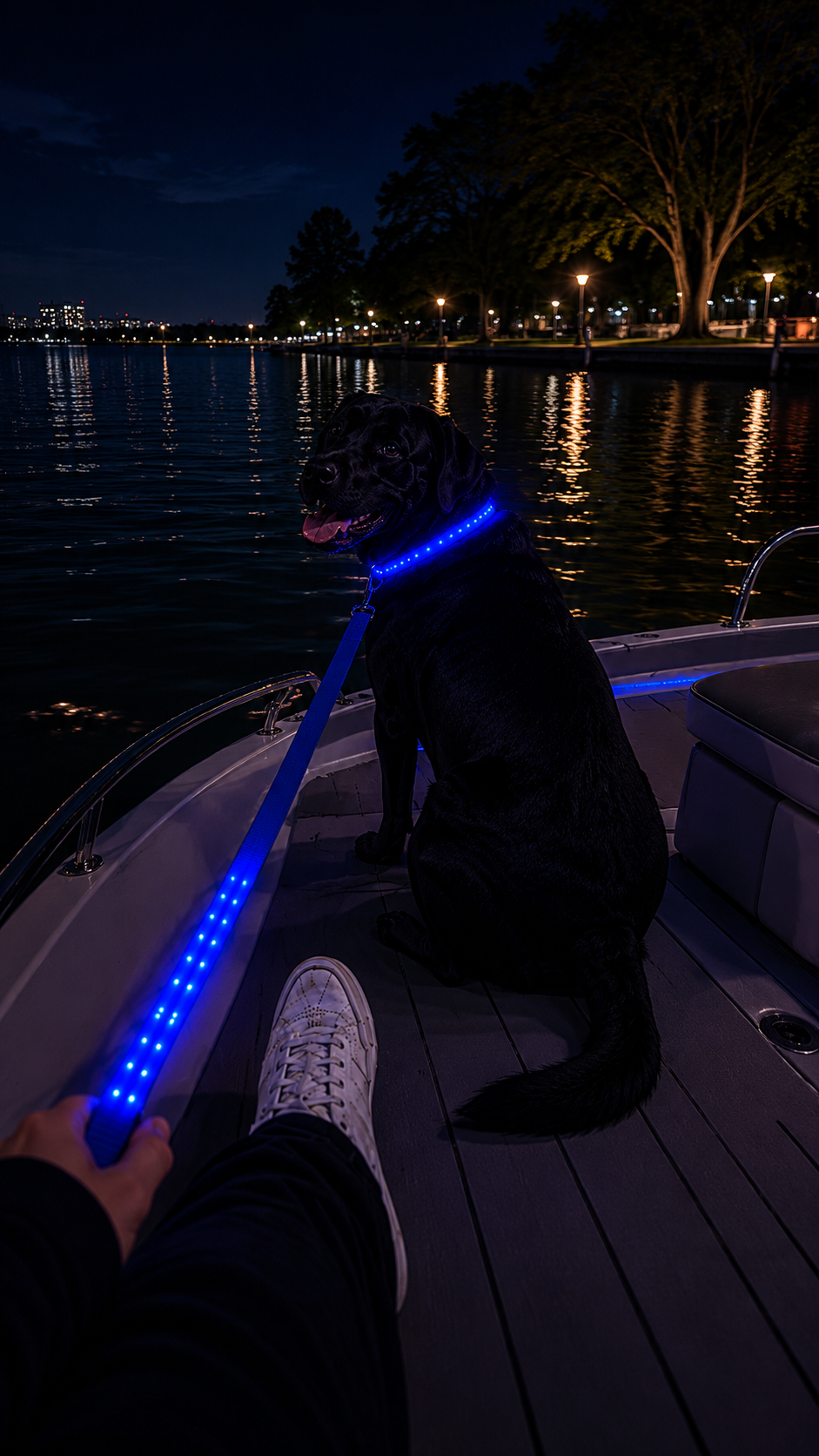 A dog wearing a glowing blue LED collar and leash on an evening adventure by the water