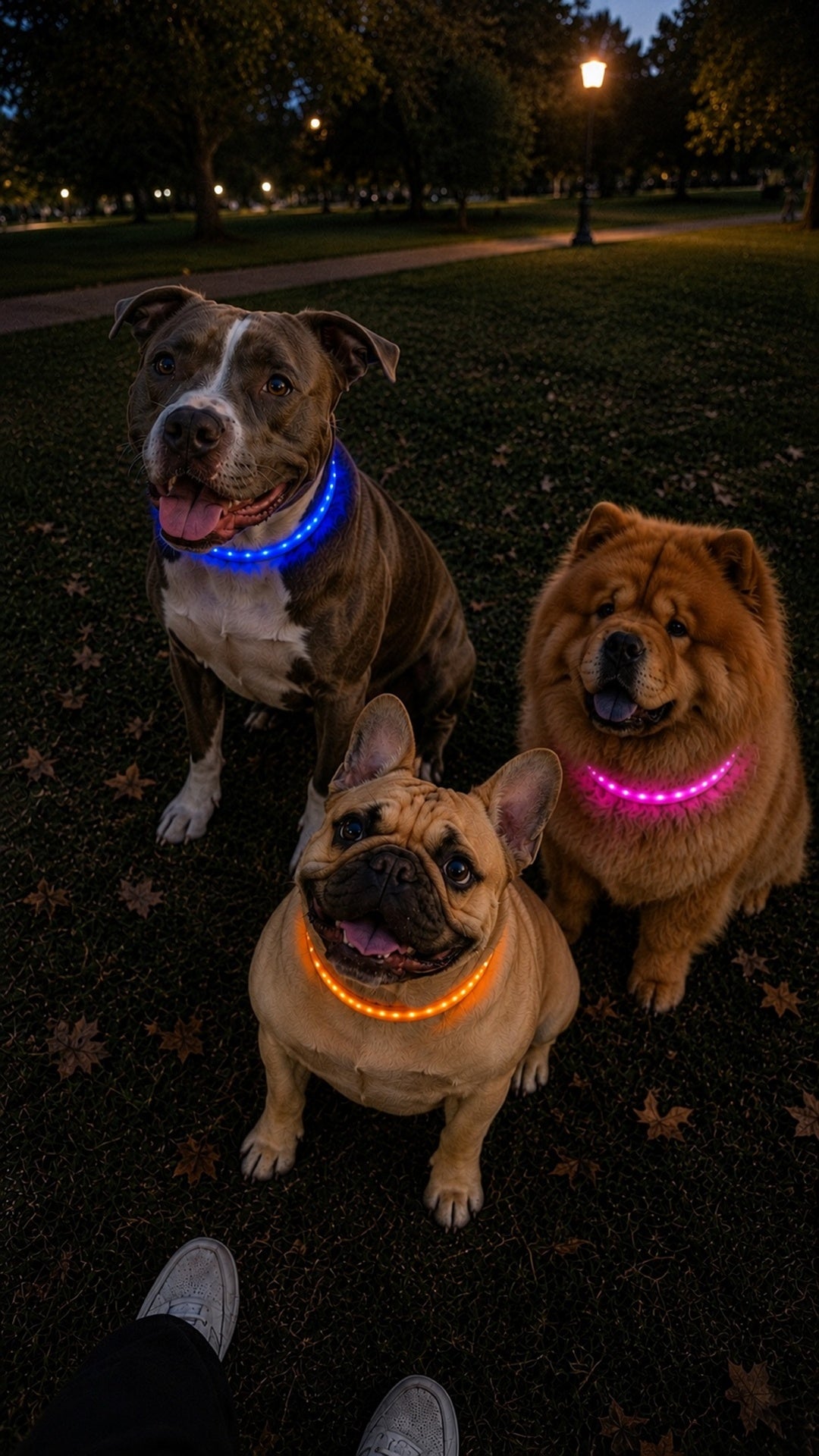 Three dogs wearing glowing LED collars on an evening walk in the park